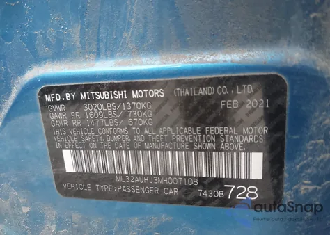 2021 Mitsubishi Mirage Carbonite Edition/Es/Le z USA, uszkodzony, nr VIN ML32AUHJ3MH007108